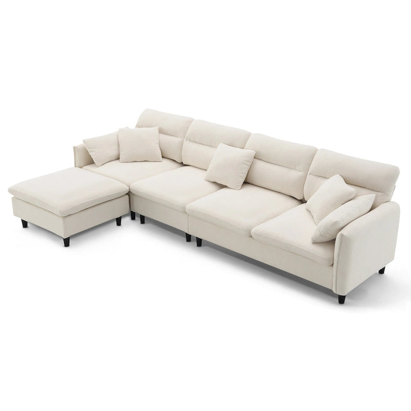 Canapé d'angle en L 5 places avec pouf amovible, revêtement en chenille Cloud et 5 coussins