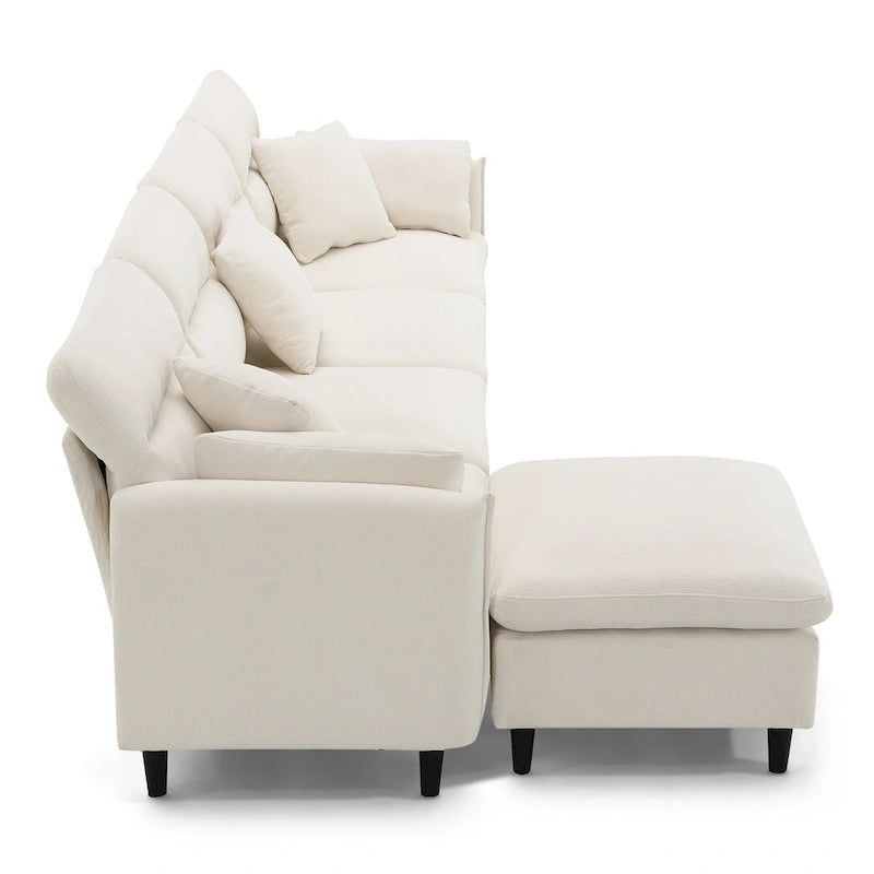Canapé d'angle en L 5 places avec pouf amovible, revêtement en chenille Cloud et 5 coussins