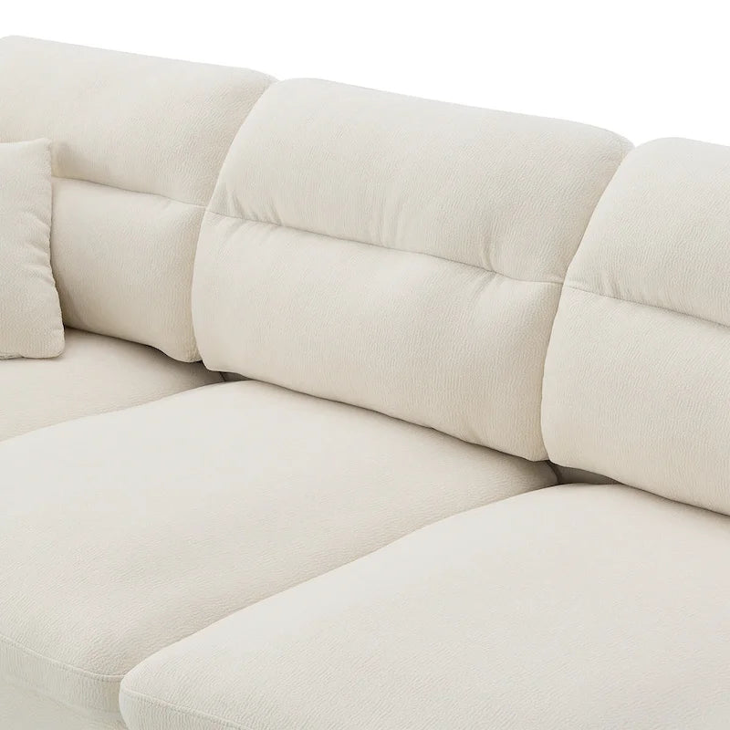 Canapé d'angle en L 5 places avec pouf amovible, revêtement en chenille Cloud et 5 coussins
