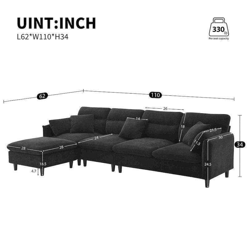 Canapé d'angle en L 5 places avec pouf amovible, revêtement en chenille Cloud et 5 coussins