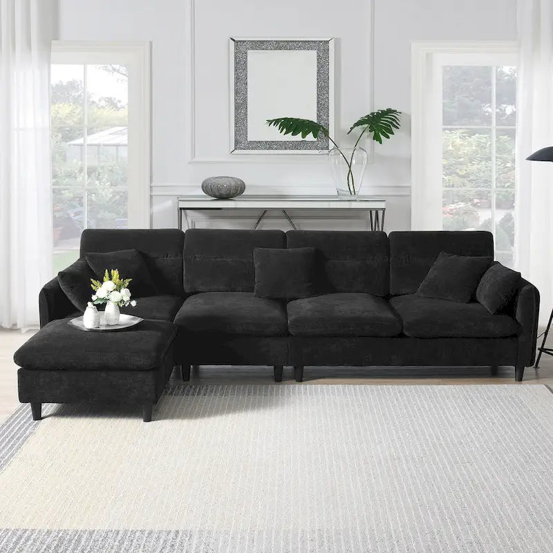 Canapé d'angle en L 5 places avec pouf amovible, revêtement en chenille Cloud et 5 coussins