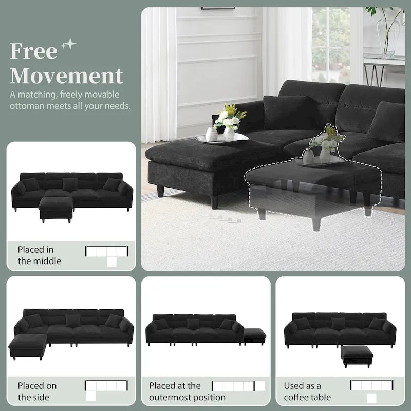 Canapé d'angle en L 5 places avec pouf amovible, revêtement en chenille Cloud et 5 coussins