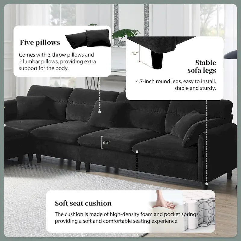 Canapé d'angle en L 5 places avec pouf amovible, revêtement en chenille Cloud et 5 coussins