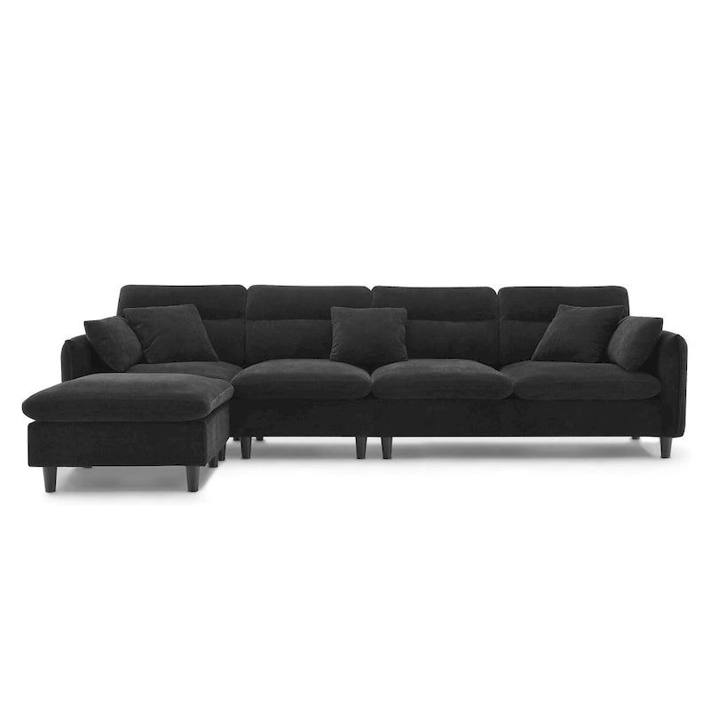 Canapé d'angle en L 5 places avec pouf amovible, revêtement en chenille Cloud et 5 coussins
