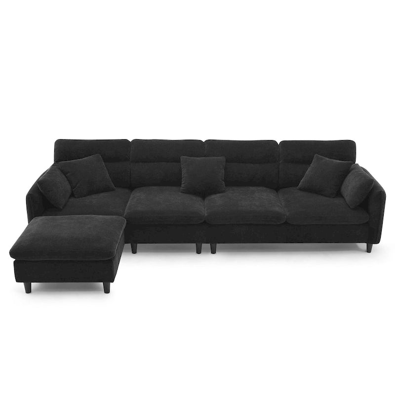 Canapé d'angle en L 5 places avec pouf amovible, revêtement en chenille Cloud et 5 coussins