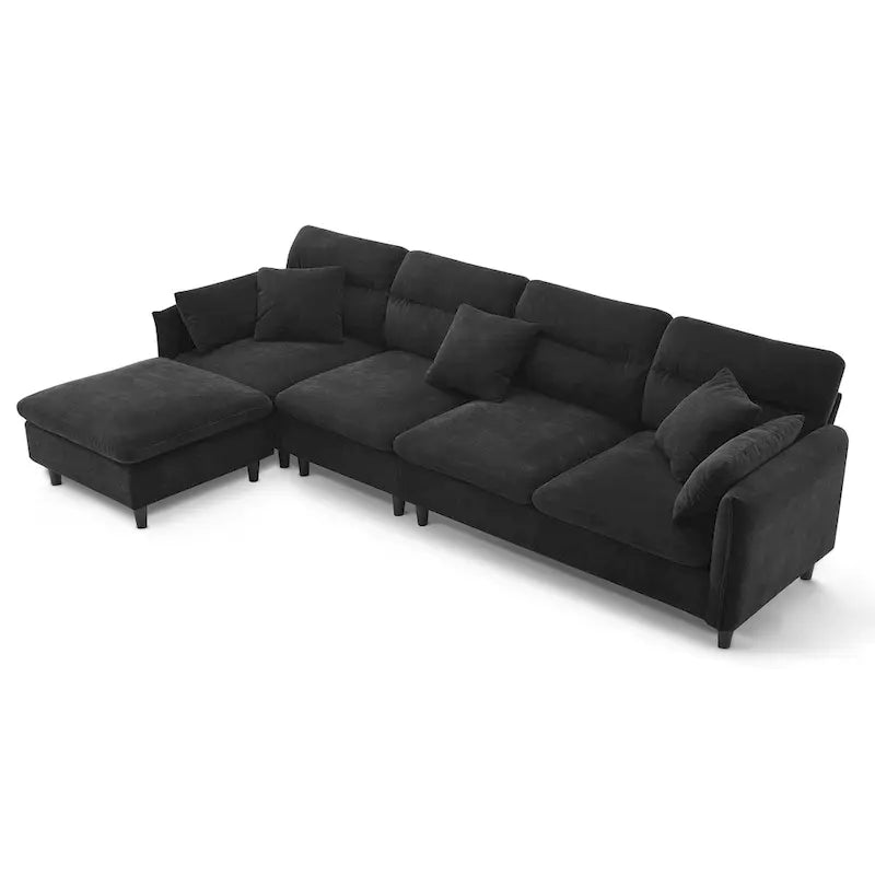 Canapé d'angle en L 5 places avec pouf amovible, revêtement en chenille Cloud et 5 coussins
