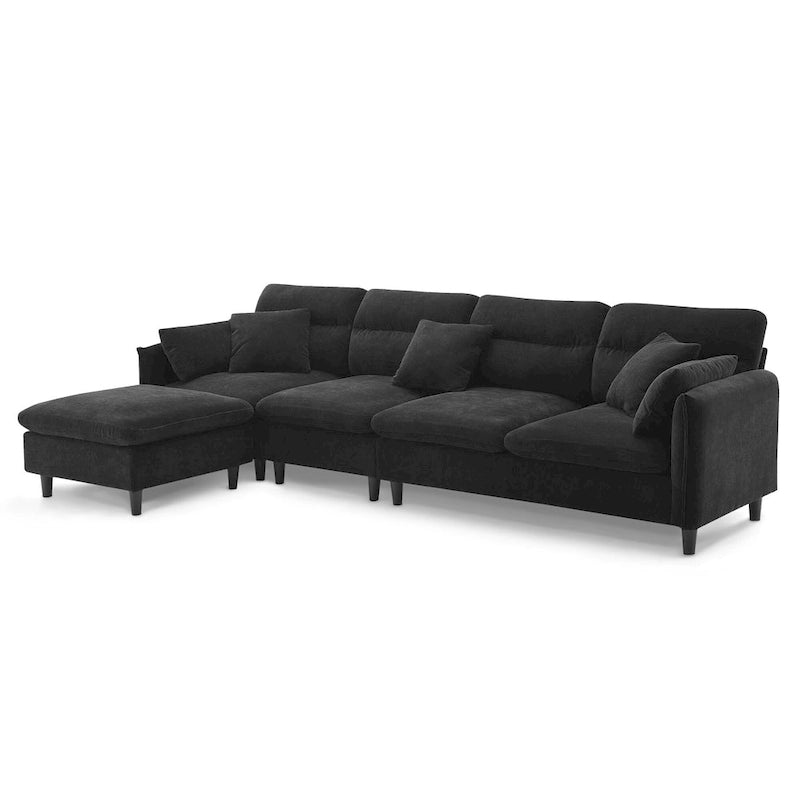 Canapé d'angle en L 5 places avec pouf amovible, revêtement en chenille Cloud et 5 coussins