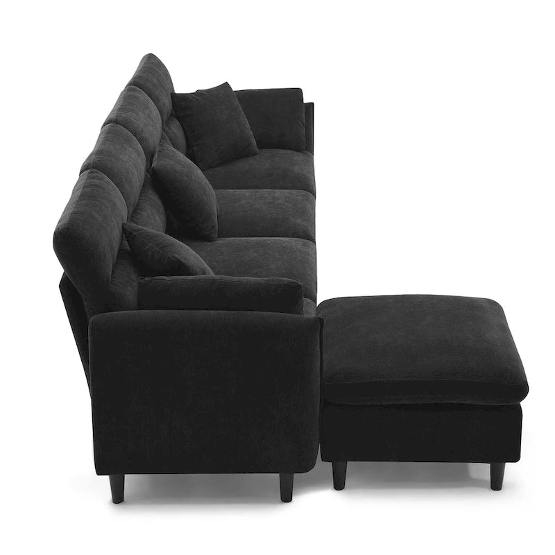 Canapé d'angle en L 5 places avec pouf amovible, revêtement en chenille Cloud et 5 coussins