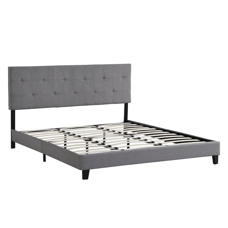 Lit plateforme King capitonné avec tête de lit en lin touffeté de boutons