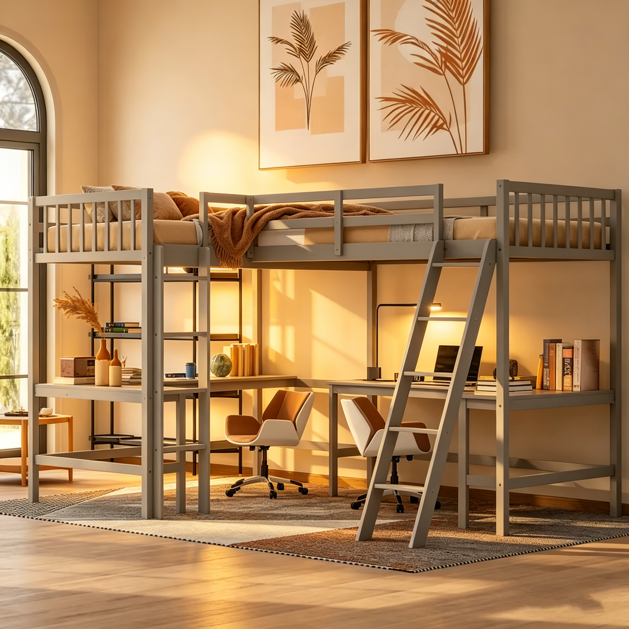 Lit mezzanine d'angle en bois, taille double, avec échelle et 2 bureaux d'angle intégrés, gris