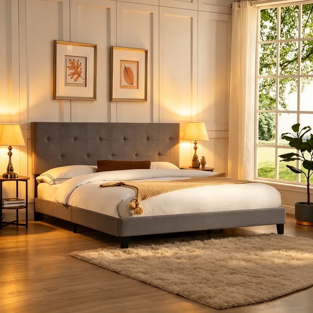 Lit plateforme King capitonné avec tête de lit en lin touffeté de boutons