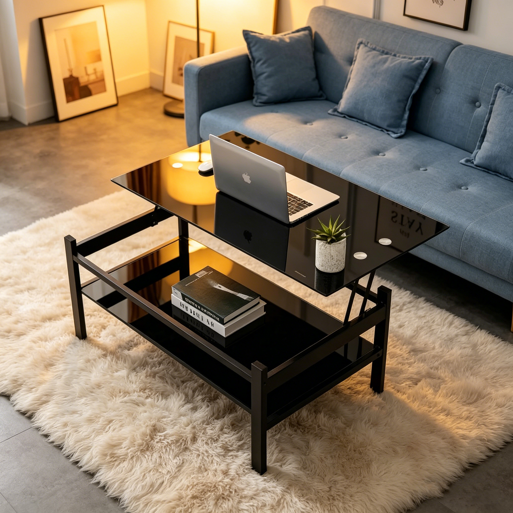 Table basse relevable en verre, noire