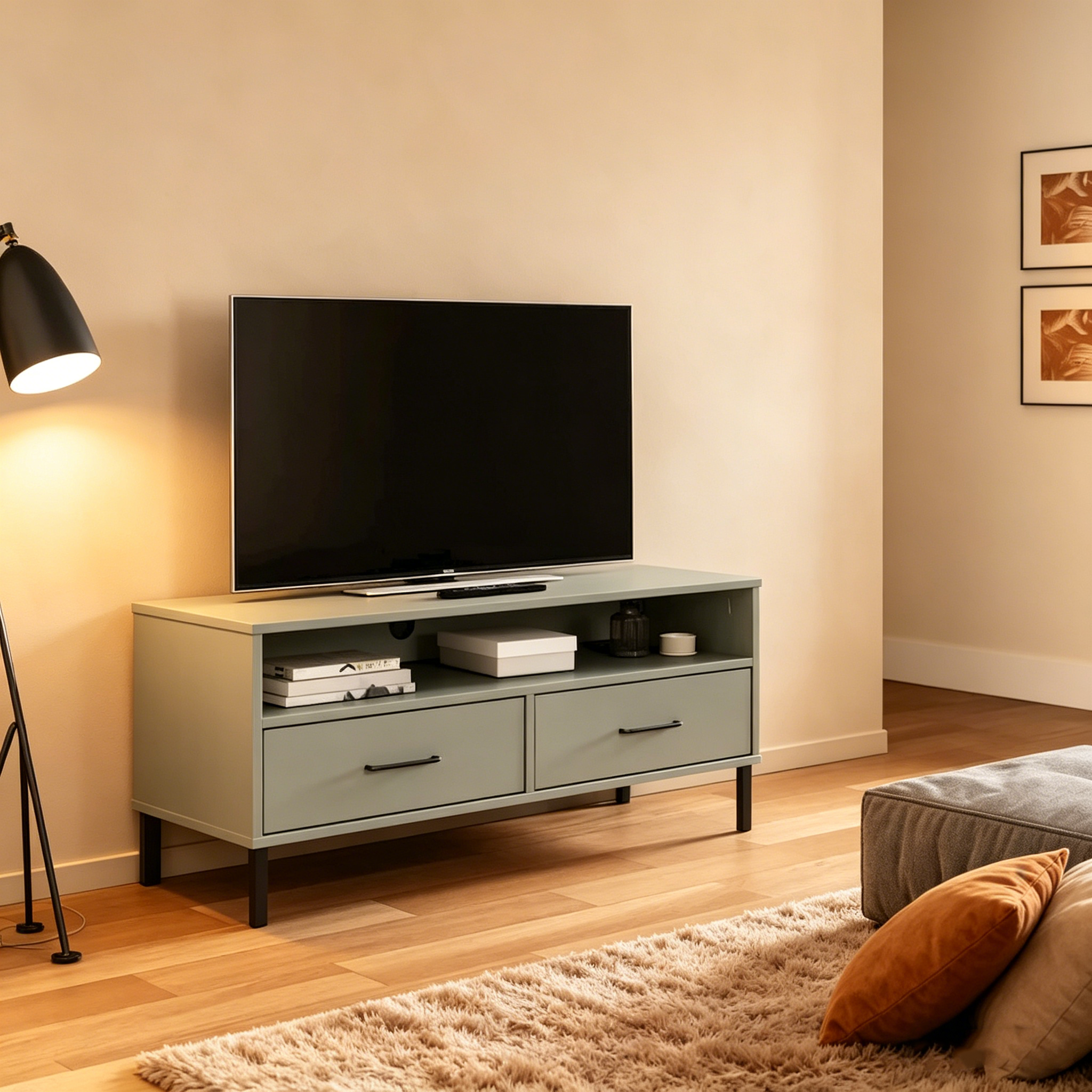Meuble TV XL/Meuble TV/Console TV, pieds en métal, bois de pin massif - 41,7 x 15,7 x 18,3 cm