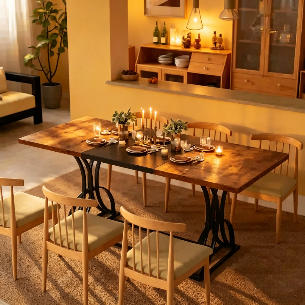 Une table à manger rectangulaire en bois et métal, de style rustique, pouvant accueillir 6 à 8 personnes.