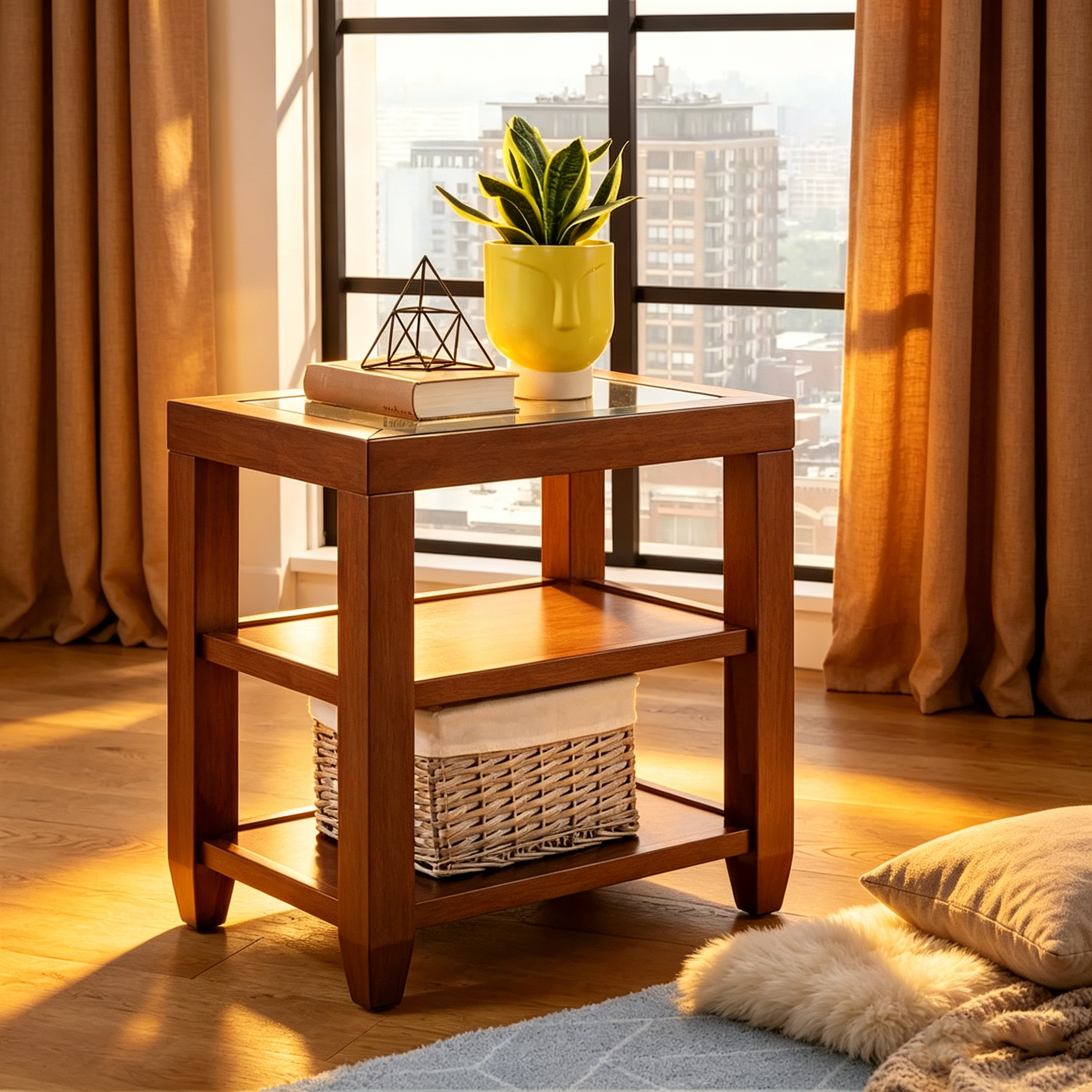 Table d'appoint de 40 cm de large avec plateau en bois et verre, dotée d'étagères.
