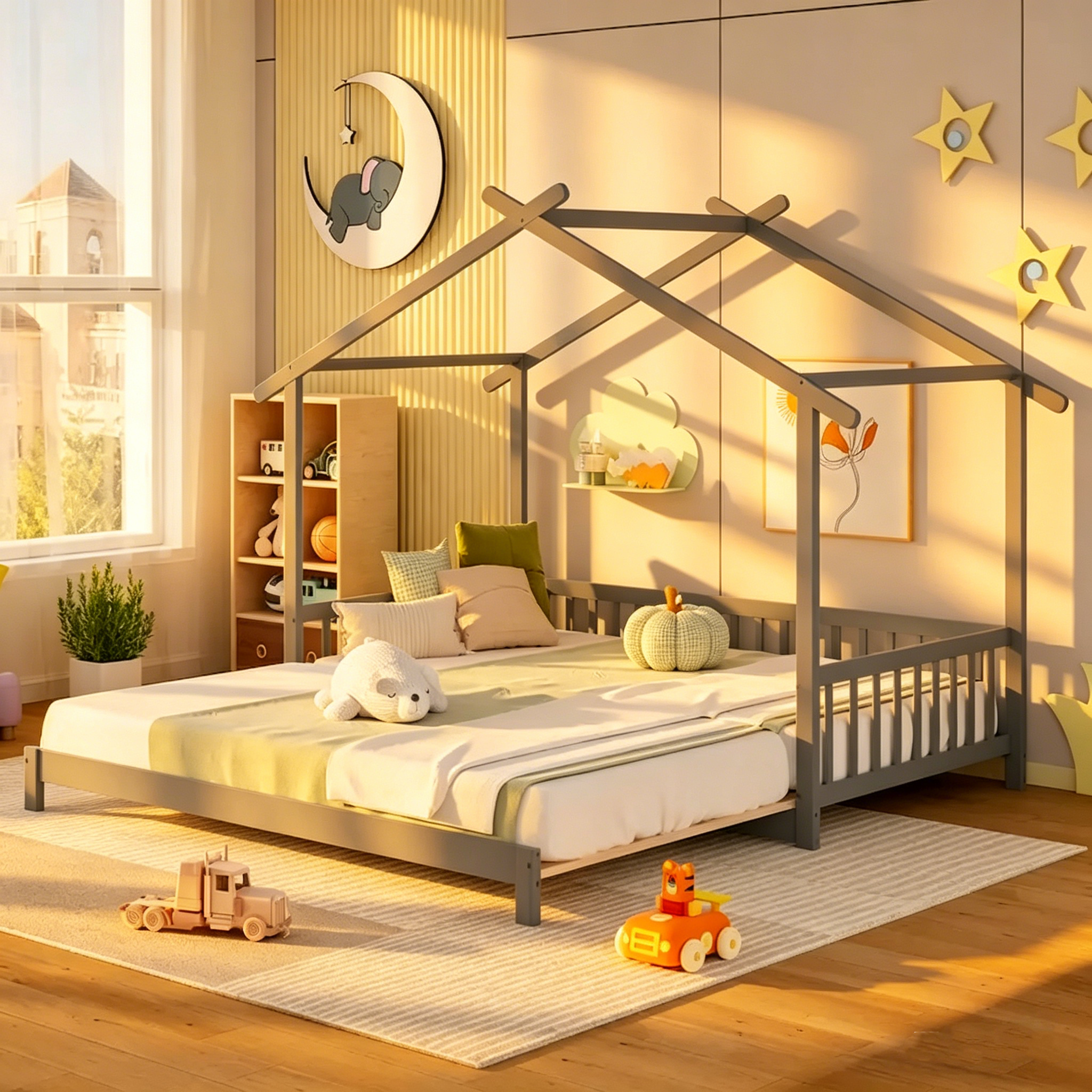 Le lit cabane en bois peut être transformé d'un lit simple en un canapé-lit king-size, avec des barrières de sécurité et des éléments décoratifs.