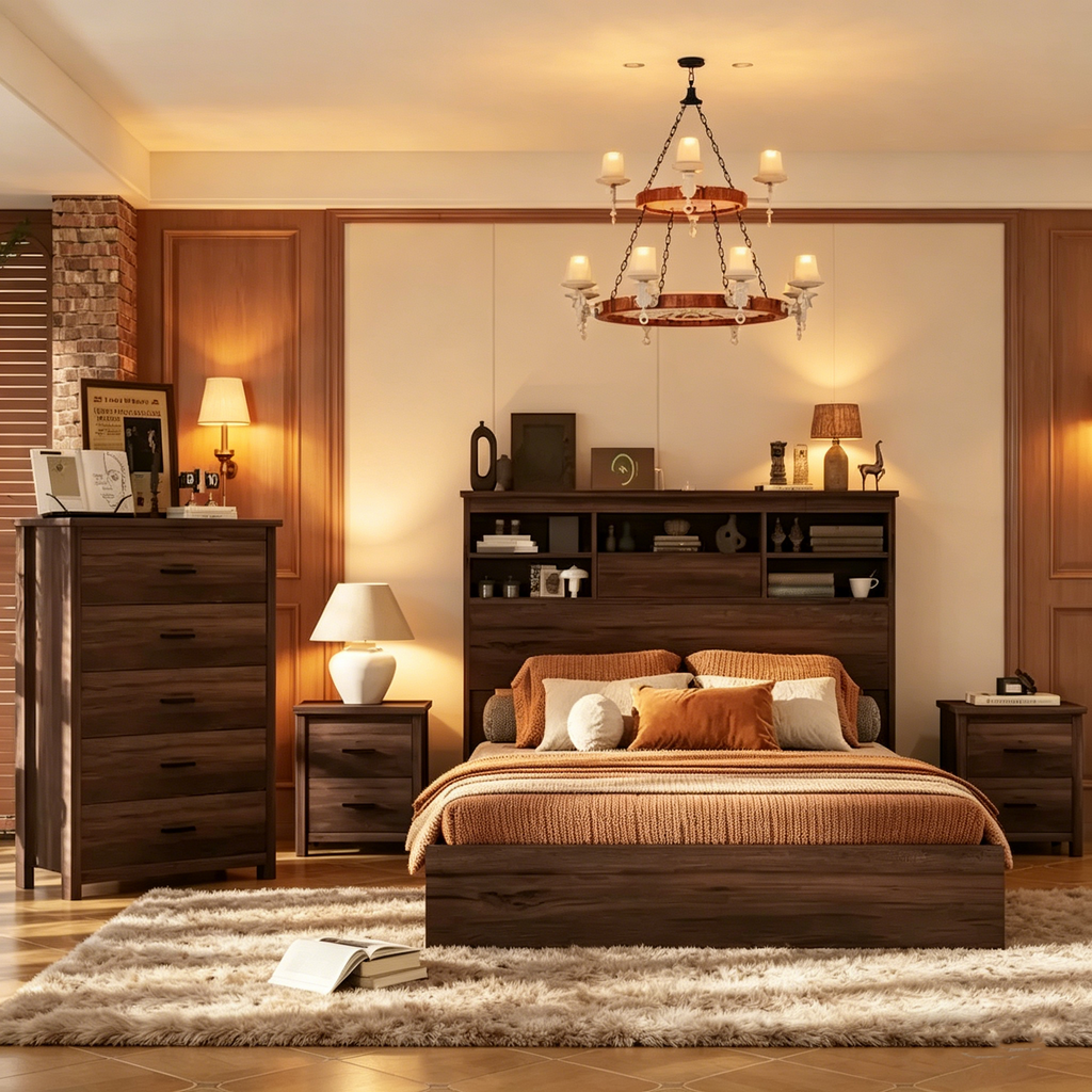 Ensembles de chambre à coucher 4 pièces grand lit (Queen Size) en bois vintage avec 2 tables de chevet et 1 commode