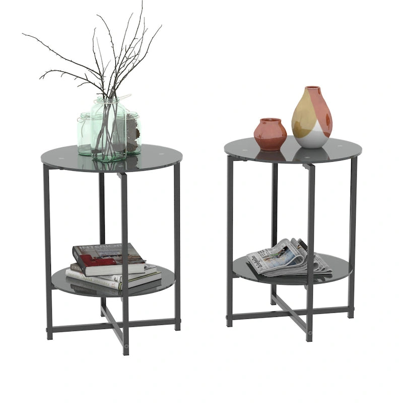 Lot de 2 tables d'appoint en verre trempé (noir), tables basses rondes pour chambre, salon, bureau