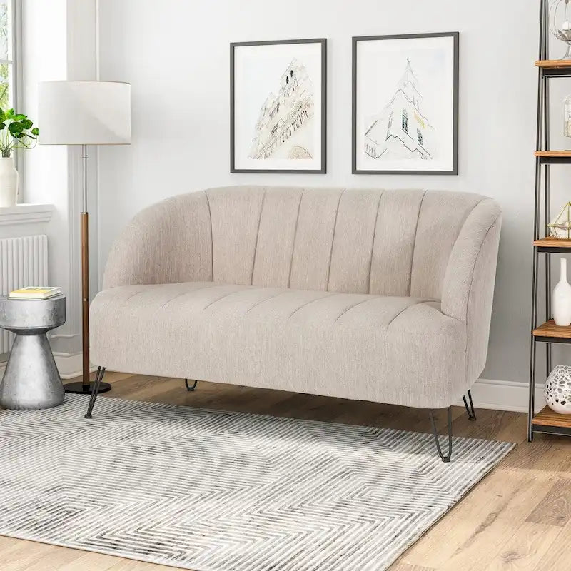 Canapé deux places en tissu moderne avec pieds en épingle à cheveux