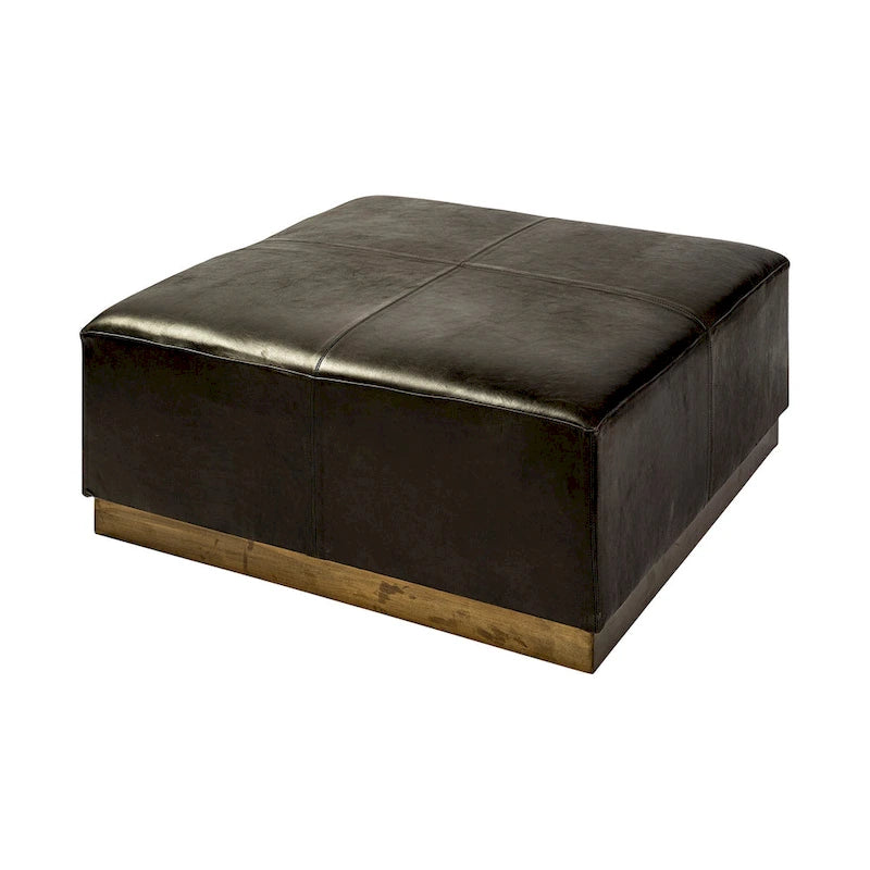 Repose-pieds carré en cuir véritable noir avec base en métal doré (36 pouces)