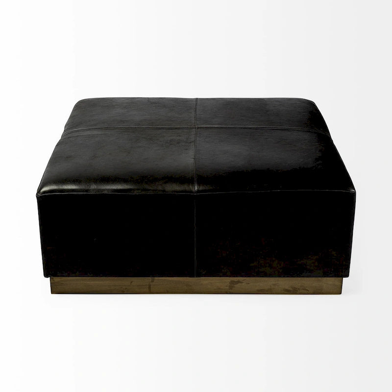 Repose-pieds carré en cuir véritable noir avec base en métal doré (36 pouces)