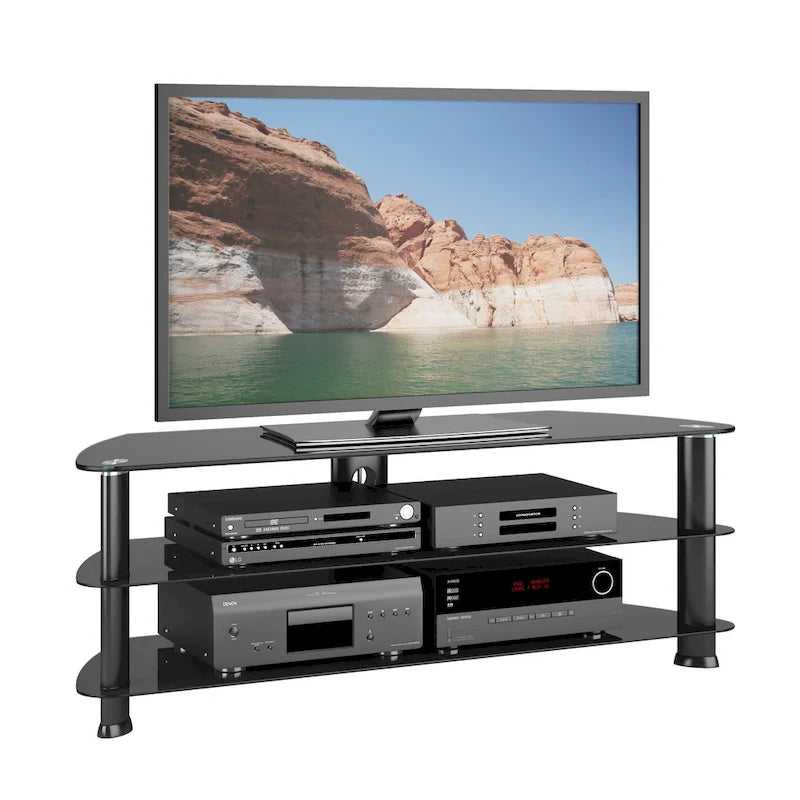 Meuble TV d'angle noir satiné, adapté aux téléviseurs jusqu'à 65 pouces.