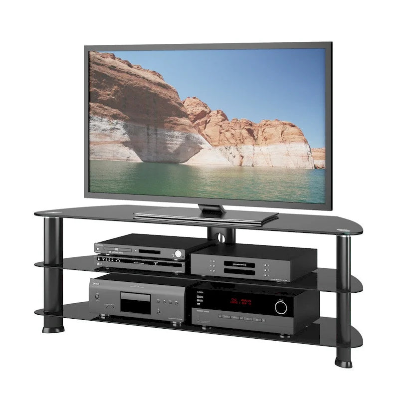 Meuble TV d'angle noir satiné, adapté aux téléviseurs jusqu'à 65 pouces.