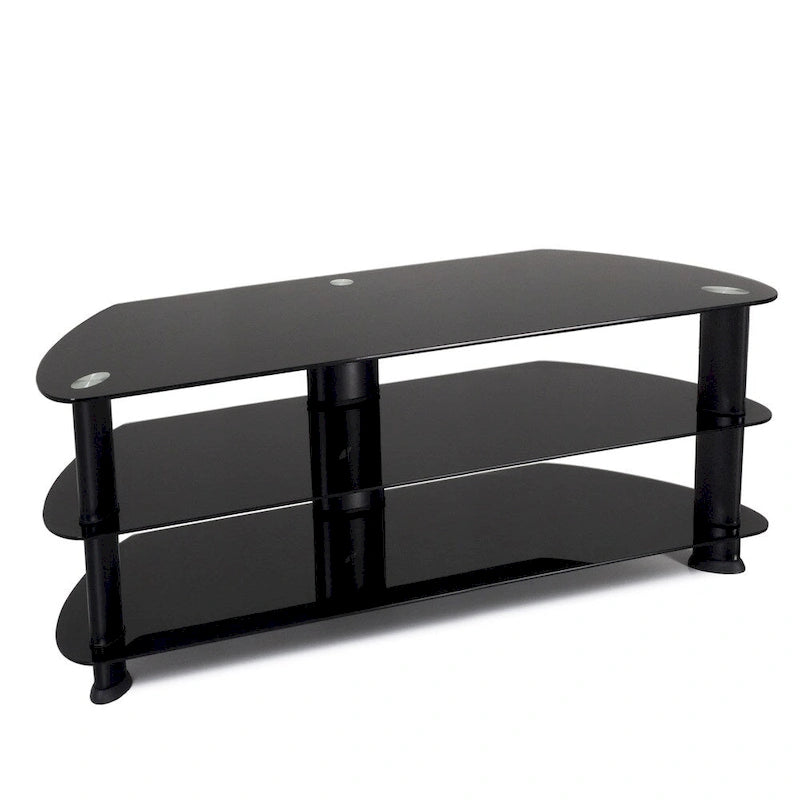 Meuble TV d'angle noir satiné, adapté aux téléviseurs jusqu'à 65 pouces.