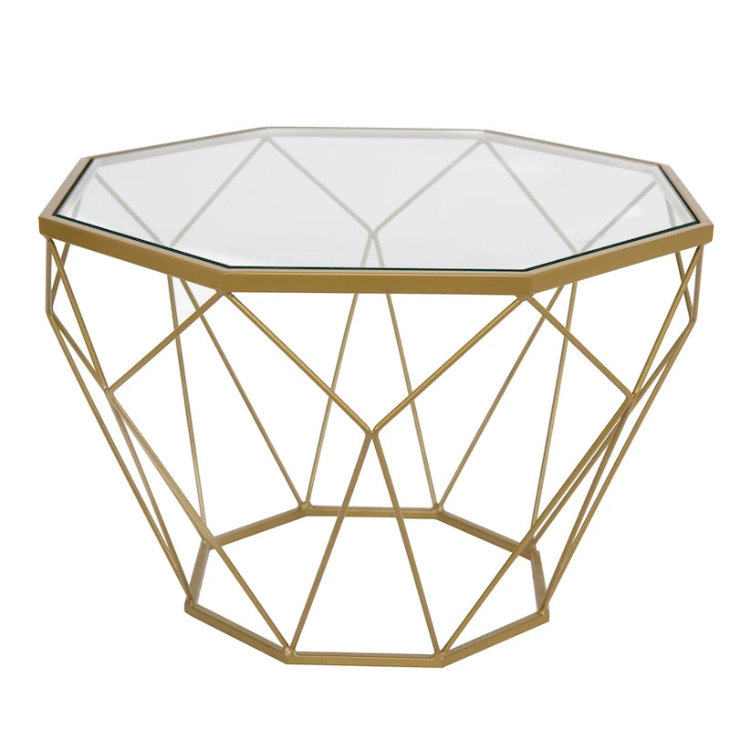 Table basse centrale octogonale moderne avec plateau en verre trempé et base géométrique en métal robuste, adaptée aux salons et aux bureaux.