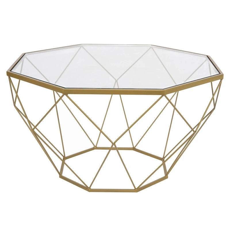 Table basse centrale octogonale moderne avec plateau en verre trempé et base géométrique en métal robuste, adaptée aux salons et aux bureaux.