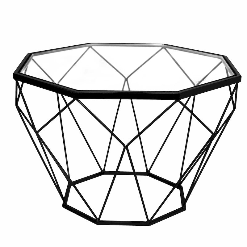 Table basse centrale octogonale moderne avec plateau en verre trempé et base géométrique en métal robuste, adaptée aux salons et aux bureaux.