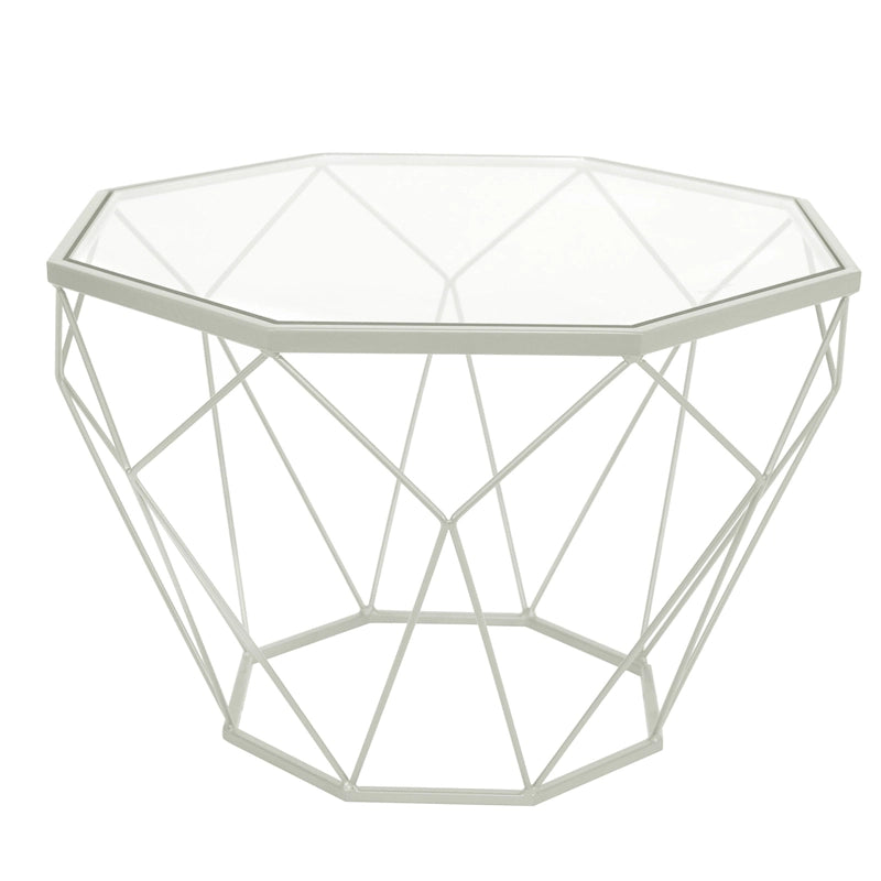 Table basse centrale octogonale moderne avec plateau en verre trempé et base géométrique en métal robuste, adaptée aux salons et aux bureaux.