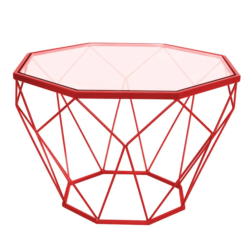 Table basse centrale octogonale moderne avec plateau en verre trempé et base géométrique en métal robuste, adaptée aux salons et aux bureaux.