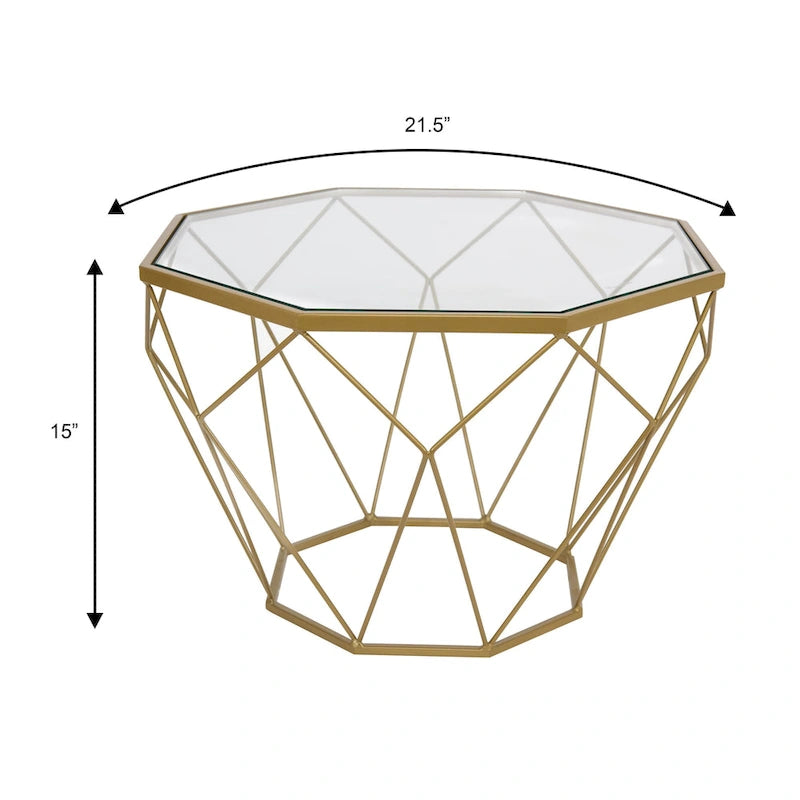 Table basse centrale octogonale moderne avec plateau en verre trempé et base géométrique en métal robuste, adaptée aux salons et aux bureaux.