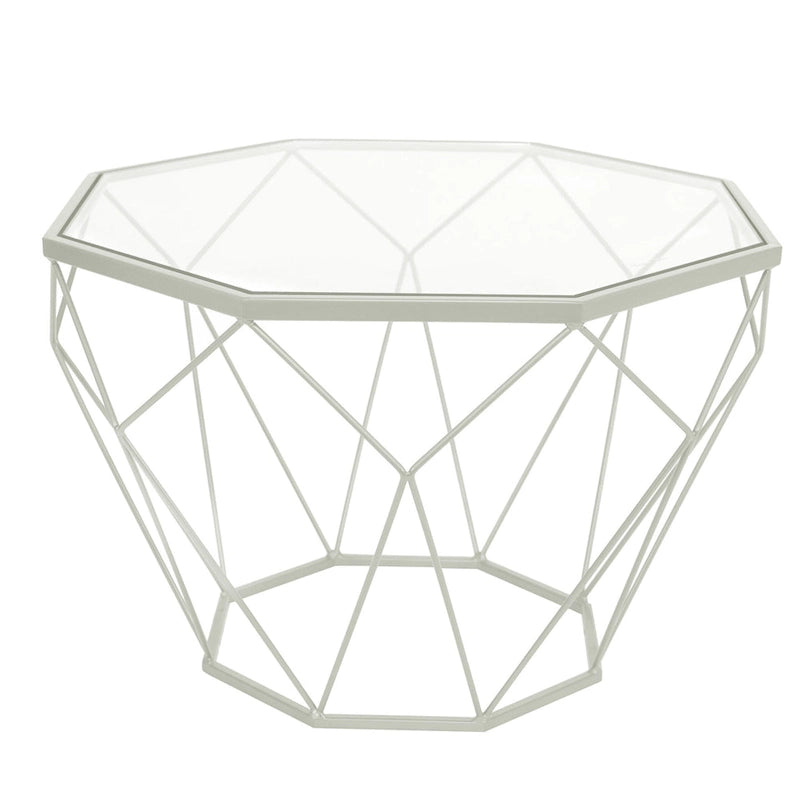 Table basse centrale octogonale moderne avec plateau en verre trempé et base géométrique en métal robuste, adaptée aux salons et aux bureaux.
