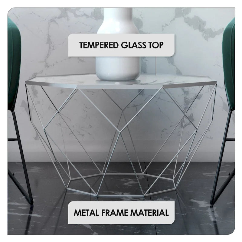 Table basse centrale octogonale moderne avec plateau en verre trempé et base géométrique en métal robuste, adaptée aux salons et aux bureaux.