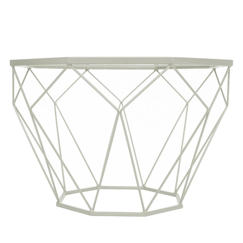 Table basse centrale octogonale moderne avec plateau en verre trempé et base géométrique en métal robuste, adaptée aux salons et aux bureaux.