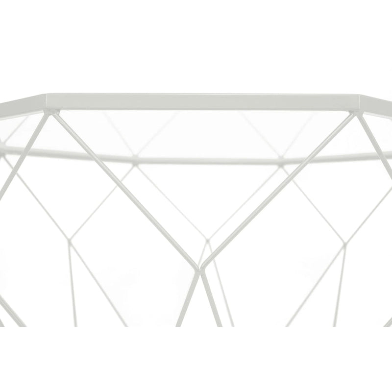 Table basse centrale octogonale moderne avec plateau en verre trempé et base géométrique en métal robuste, adaptée aux salons et aux bureaux.