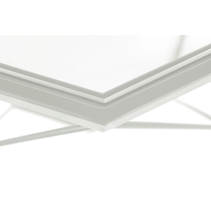 Table basse centrale octogonale moderne avec plateau en verre trempé et base géométrique en métal robuste, adaptée aux salons et aux bureaux.