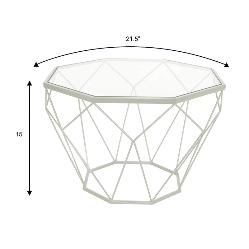 Table basse centrale octogonale moderne avec plateau en verre trempé et base géométrique en métal robuste, adaptée aux salons et aux bureaux.