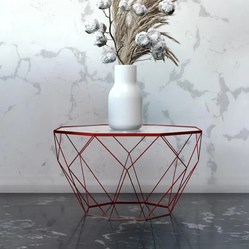 Table basse centrale octogonale moderne avec plateau en verre trempé et base géométrique en métal robuste, adaptée aux salons et aux bureaux.