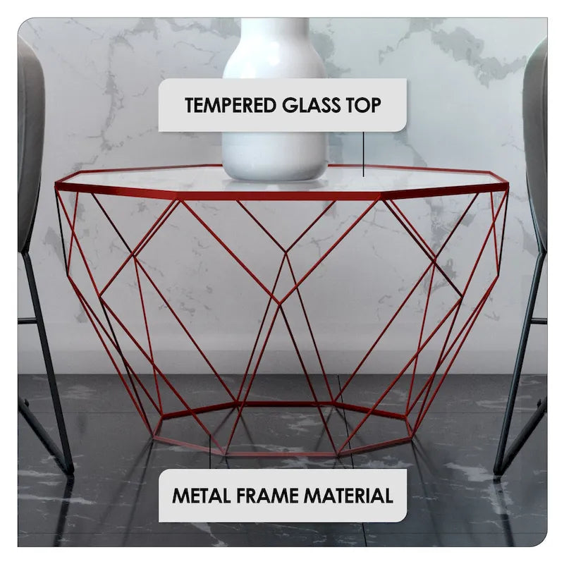 Table basse centrale octogonale moderne avec plateau en verre trempé et base géométrique en métal robuste, adaptée aux salons et aux bureaux.