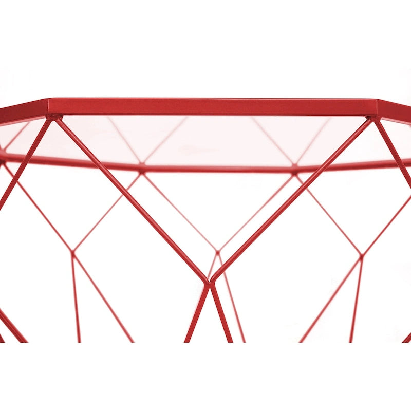 Table basse centrale octogonale moderne avec plateau en verre trempé et base géométrique en métal robuste, adaptée aux salons et aux bureaux.