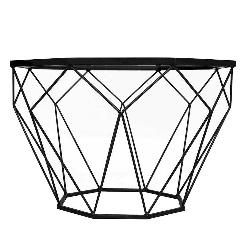 Table basse centrale octogonale moderne avec plateau en verre trempé et base géométrique en métal robuste, adaptée aux salons et aux bureaux.