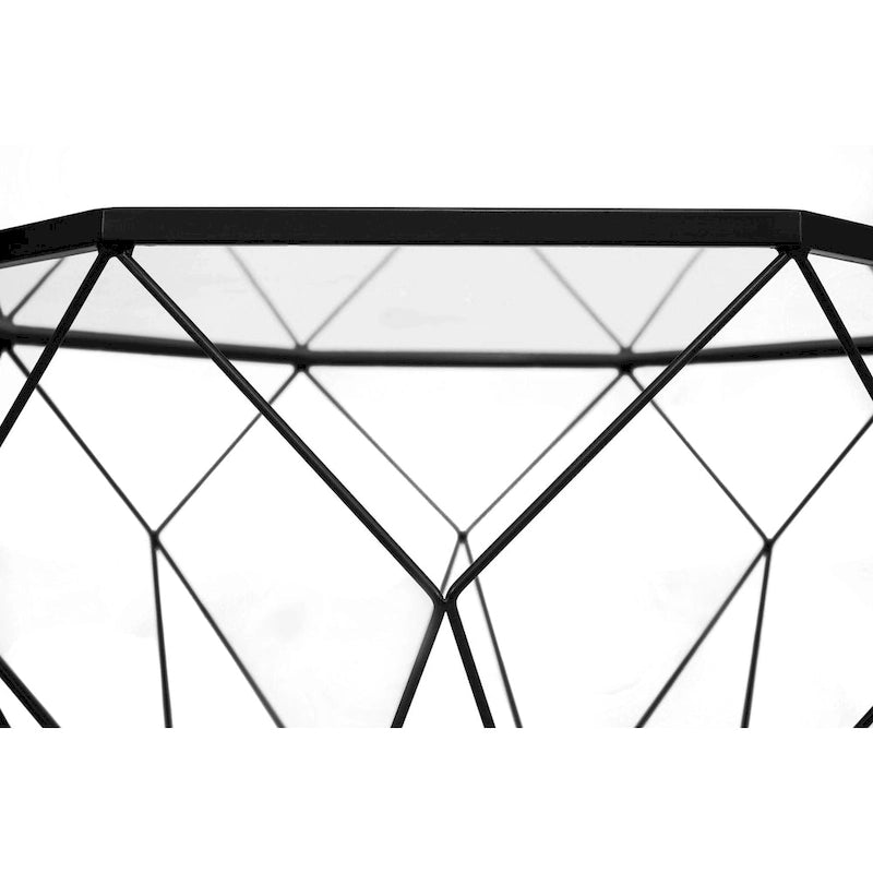 Table basse centrale octogonale moderne avec plateau en verre trempé et base géométrique en métal robuste, adaptée aux salons et aux bureaux.