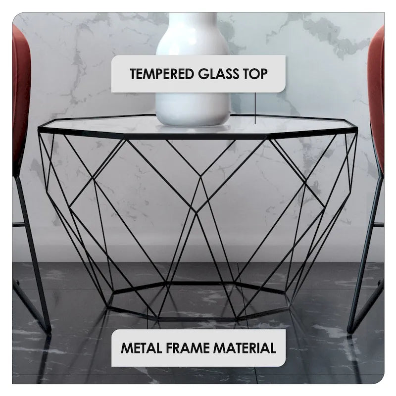 Table basse centrale octogonale moderne avec plateau en verre trempé et base géométrique en métal robuste, adaptée aux salons et aux bureaux.