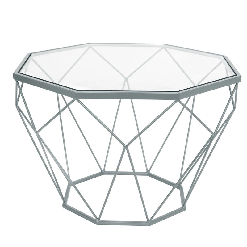 Table basse centrale octogonale moderne avec plateau en verre trempé et base géométrique en métal robuste, adaptée aux salons et aux bureaux.