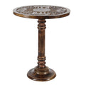 Table d'appoint en bois de manguier avec motifs d'éléphants ou floraux finement sculptés à la main, base tournée - marron foncé.