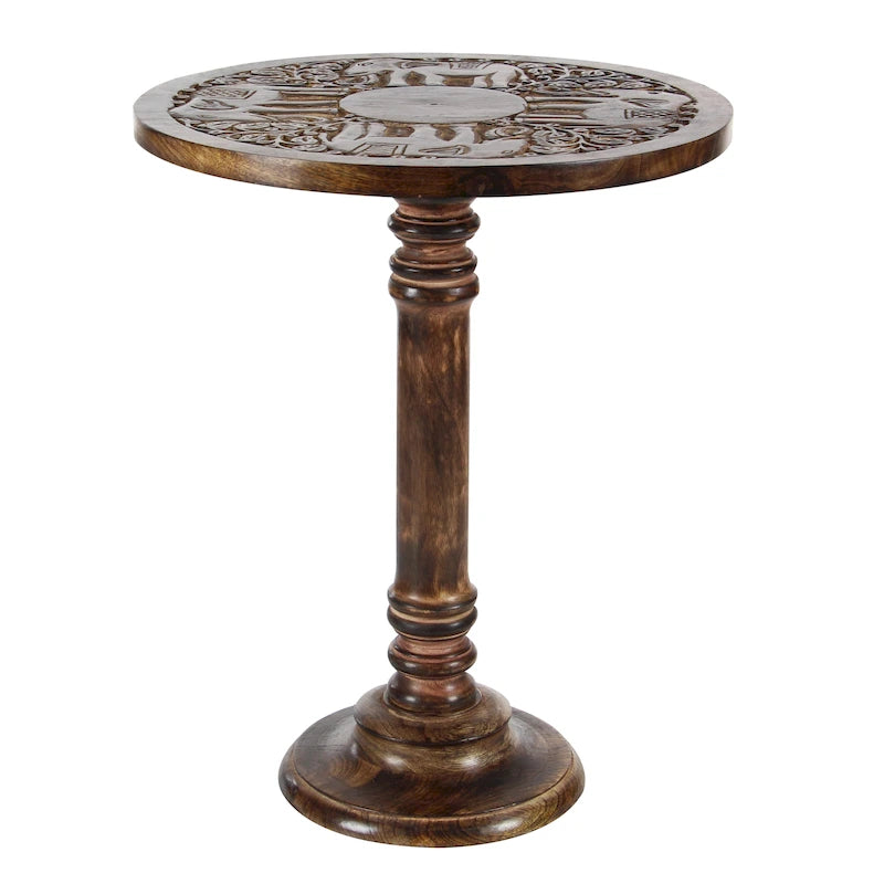 Table d'appoint en bois de manguier avec motifs d'éléphants ou floraux finement sculptés à la main, base tournée - marron foncé.