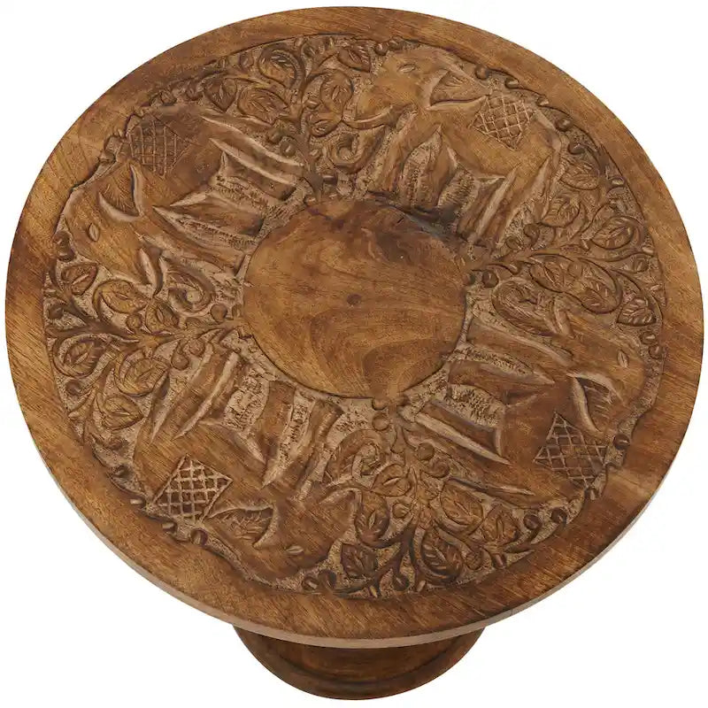 Table d'appoint en bois de manguier avec motifs d'éléphants ou floraux finement sculptés à la main, base tournée - marron foncé.